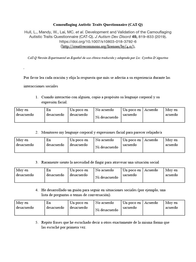 Cuestionario de Camuflaje Autista CAT-Q | PDF | Psicología Social ...