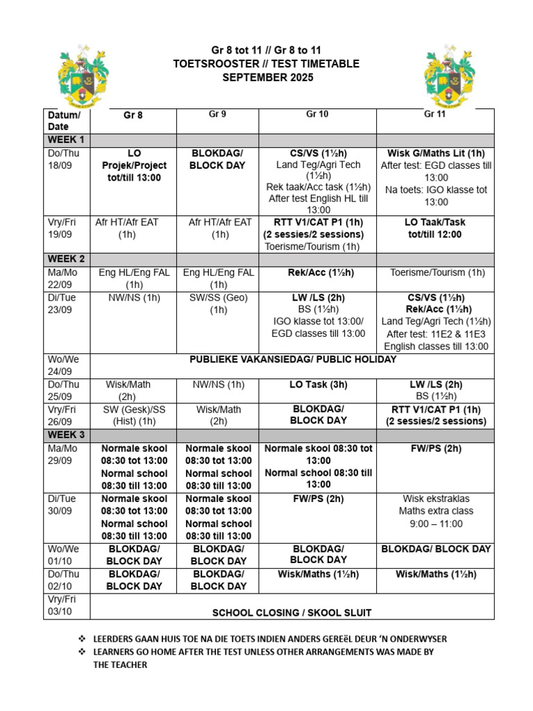 Grade 8 Term 4 Exam Timetable 2025 | PDF