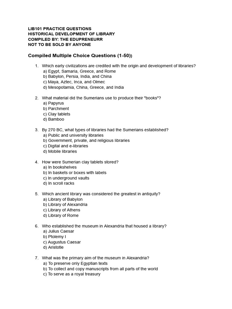 Lib101 Practice Questions by Edupreneurr | PDF | Books | Monastery