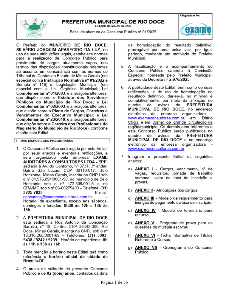 Concurso Público Prefeitura Rio Doce 2025 | PDF