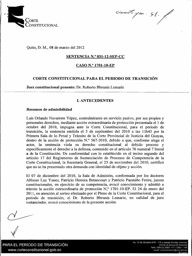 Sentencia de Protección Constitucional 031-12-SEP-CC | PDF | Debido al ...