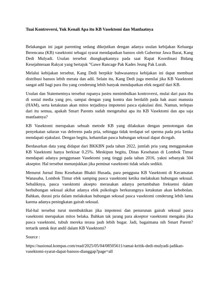 Kontroversi dan Manfaat KB Vasektomi | PDF