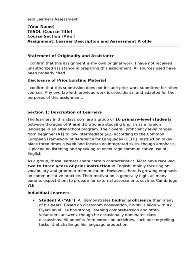 ESOL Learner Assessment Overview | PDF | English As A Second Or Foreign ...