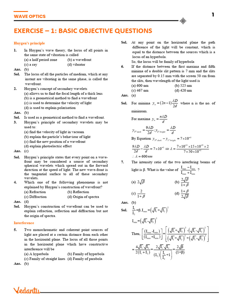 Wave Optics: Objective Questions & Answers | PDF | Coherence (Physics ...