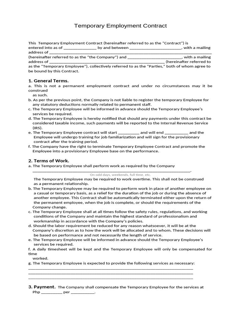 Temporary Employment Contract Template | PDF | Employment | Business