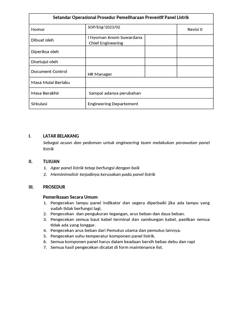 SOP Pemeliharaan Preventif Panel Listrik | PDF