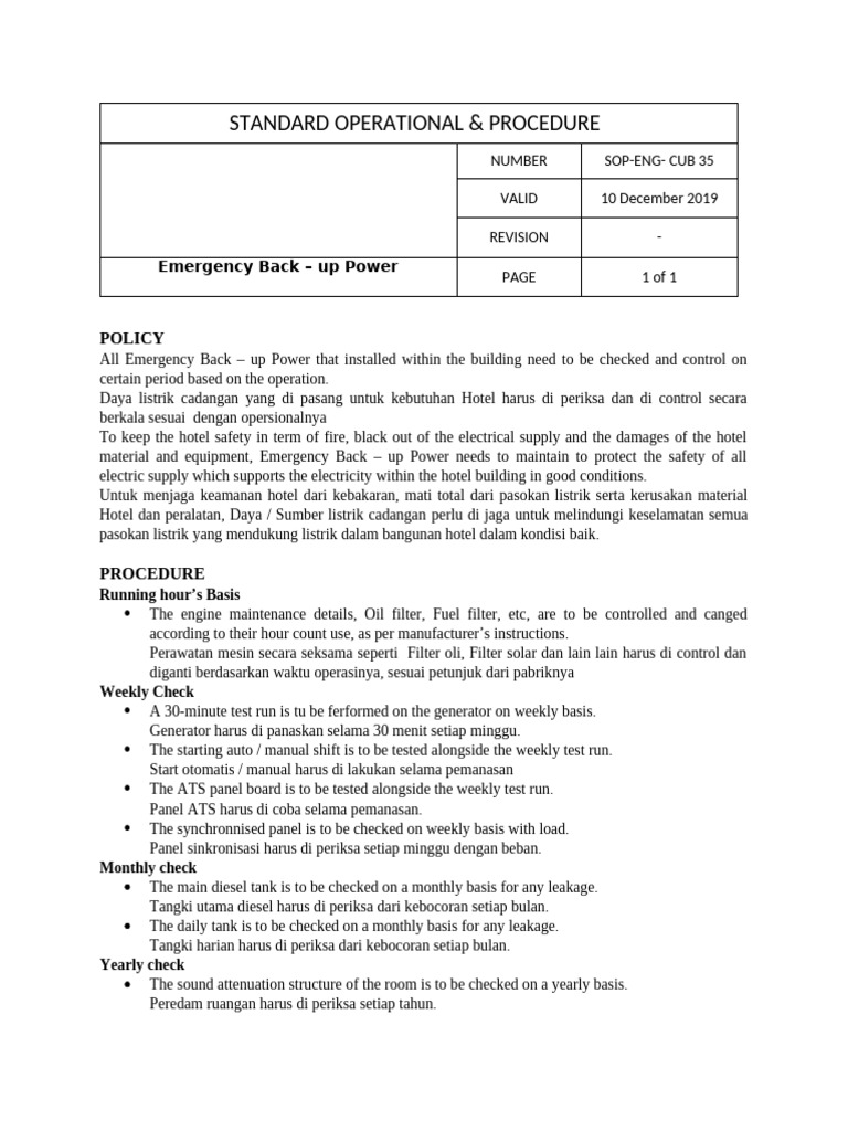 Emergency Backup Power SOP for Hotels | PDF