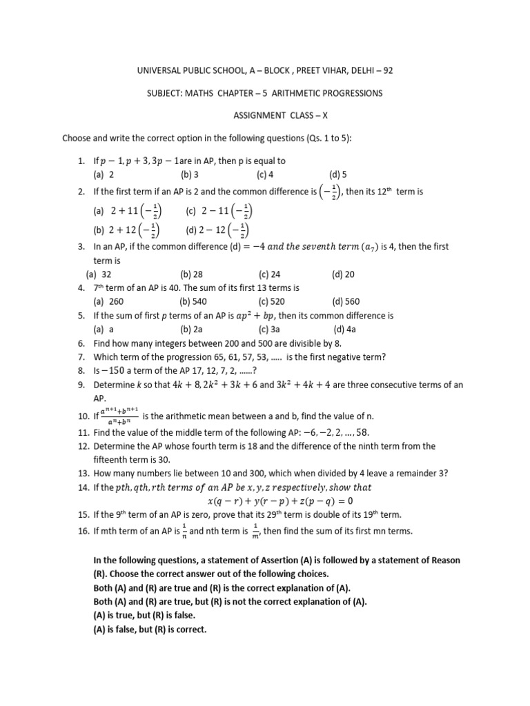 Maths Assign Ch-5 Arithmetic Progression X Class | PDF | Discrete ...