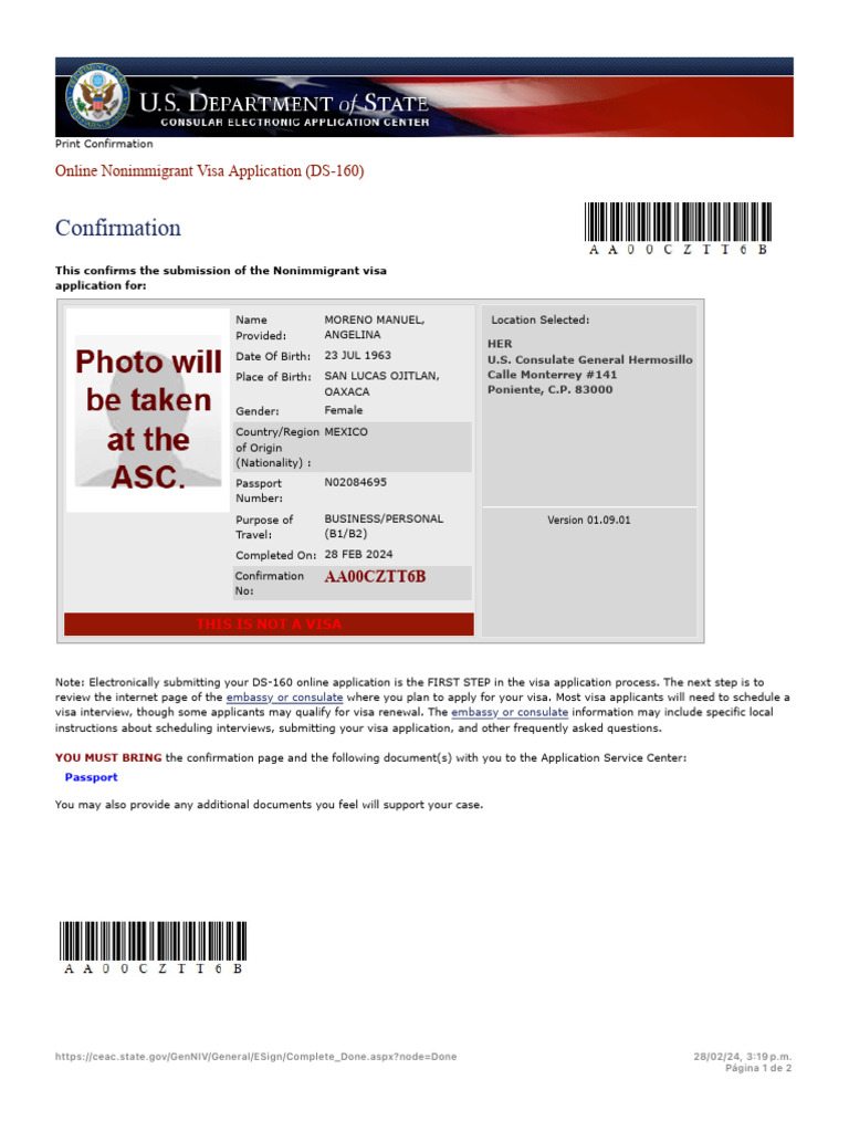 DS-160 Visa Application Confirmation | PDF | Travel Visa | Fingerprint