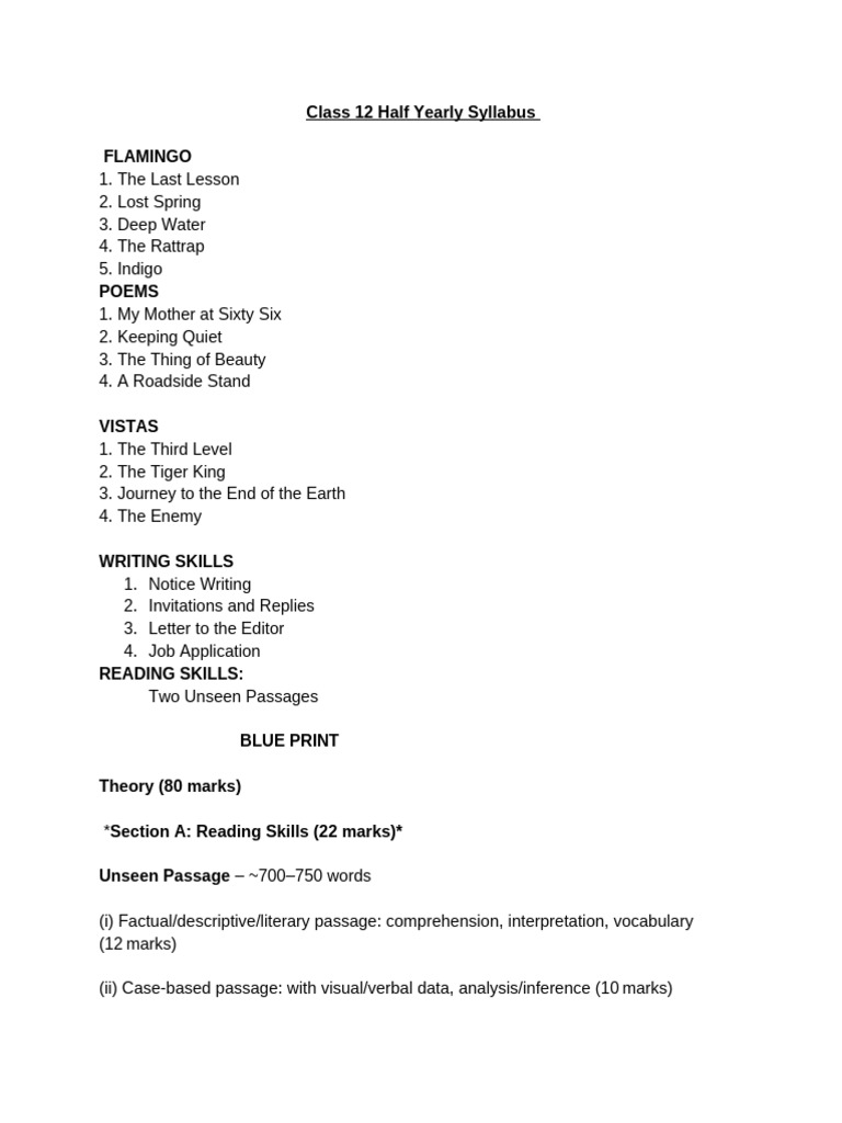 Class 12 Half Yearly Exam Blueprint | PDF