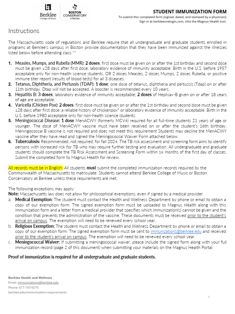 Berklee Student Immunization Requirements | PDF | Tuberculosis ...