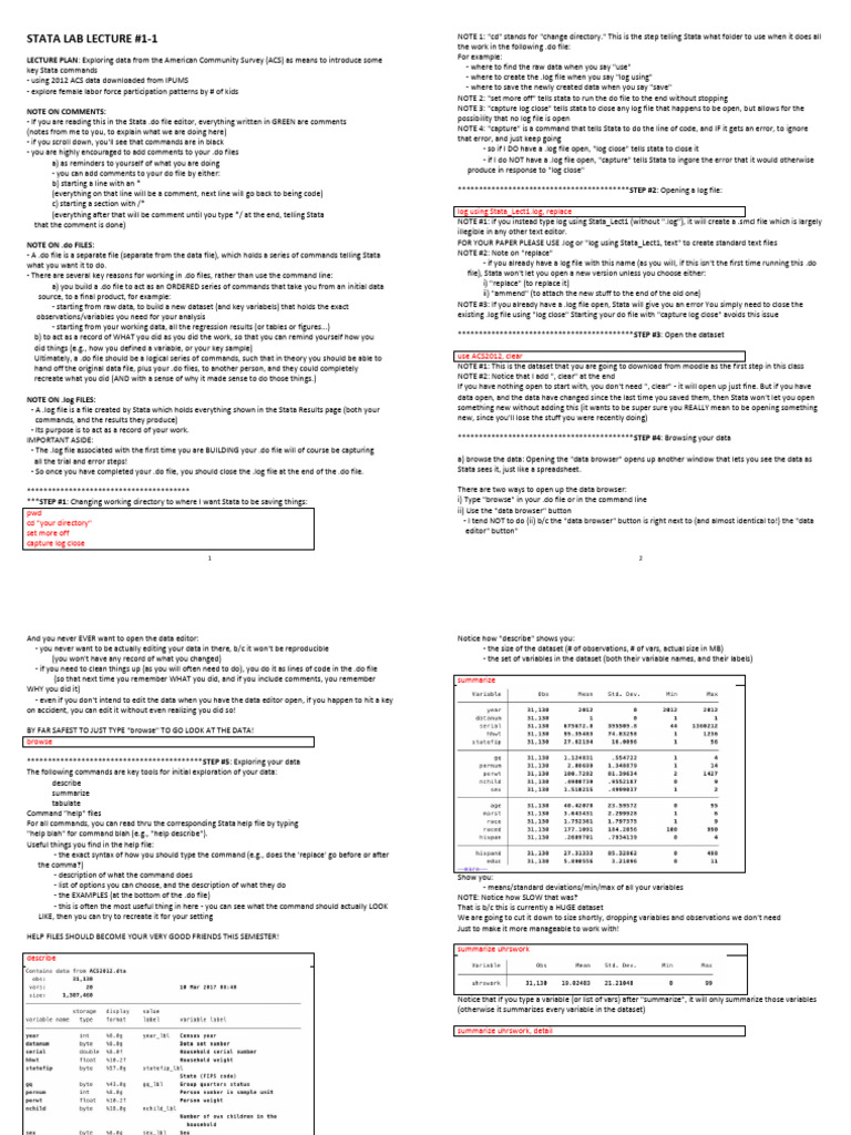 Stata Lab: Analyzing ACS Data | PDF | Computer File | Dependent And ...