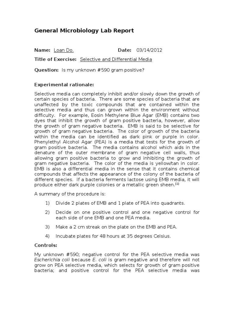 Lab Report 2 Selective and Differential Media Growth Medium Bacteria