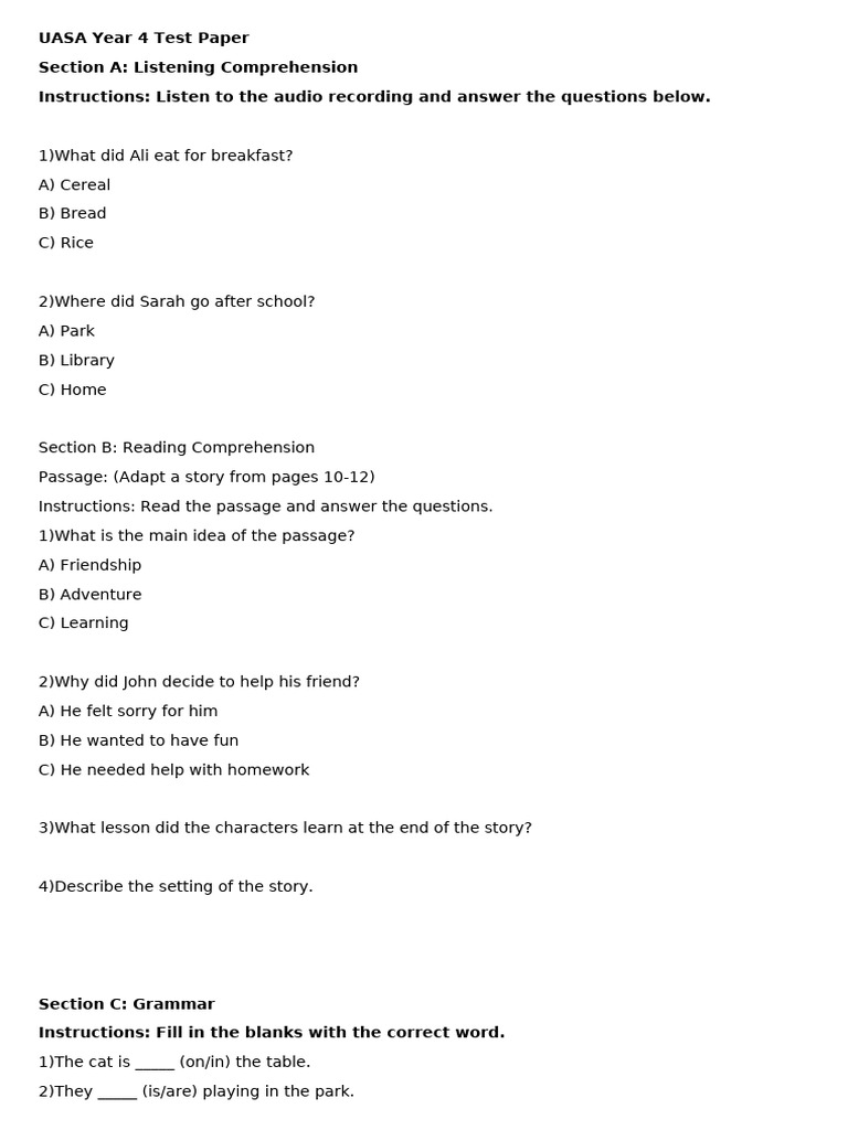 UASA Year 4 Test Paper Guide | PDF