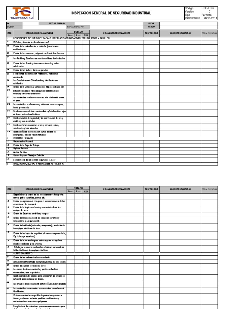 Formato Inspección De Seguridad Industrial