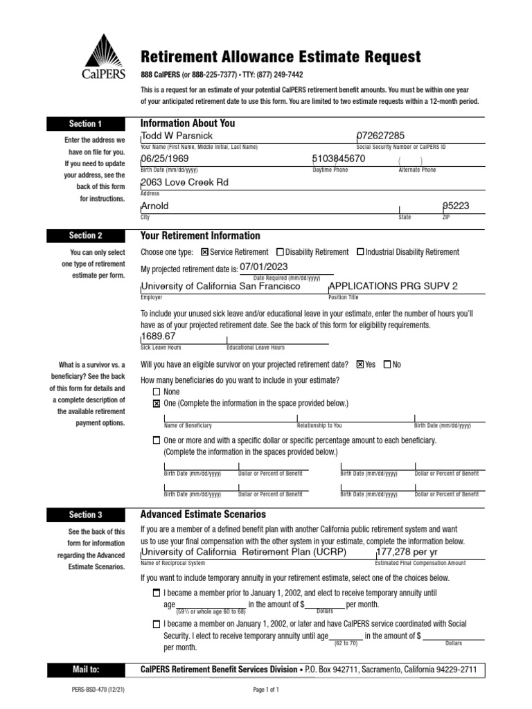 CalPERS Retirement Estimate Request Form | PDF | Cal Pers