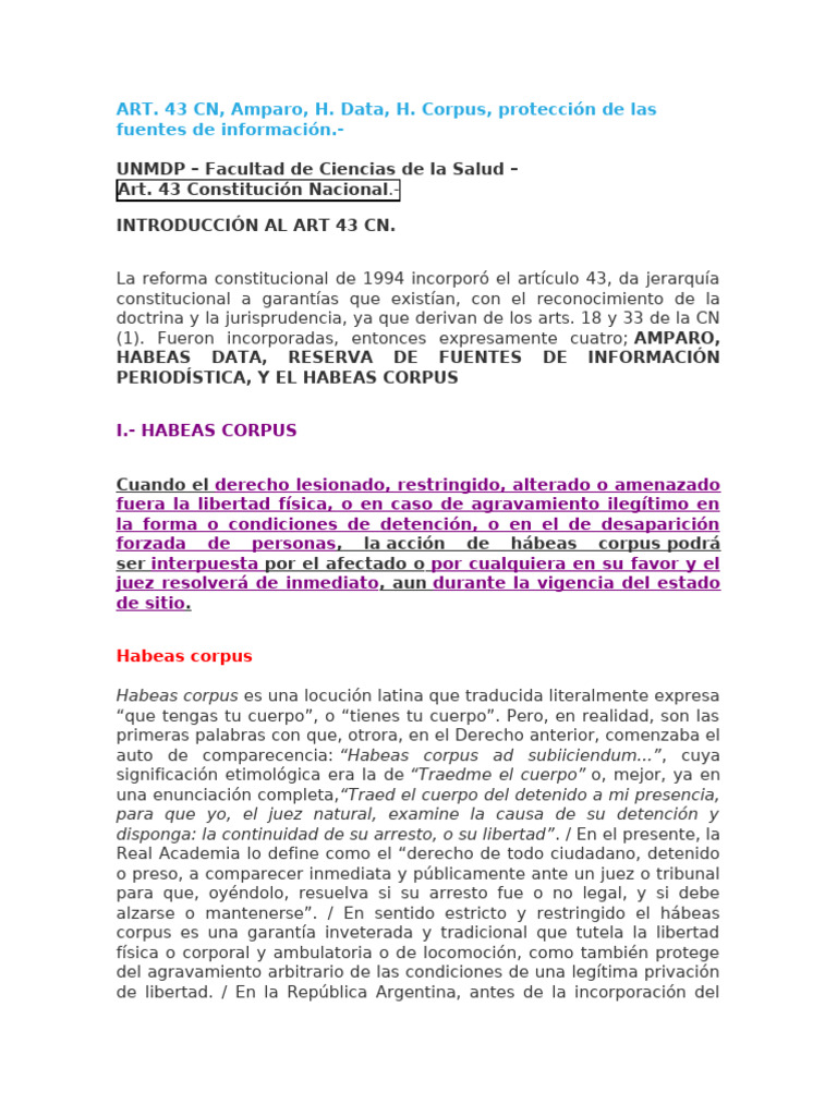 Análisis del Art. 43 de la CN Argentina | PDF | Habeas corpus | Ley común