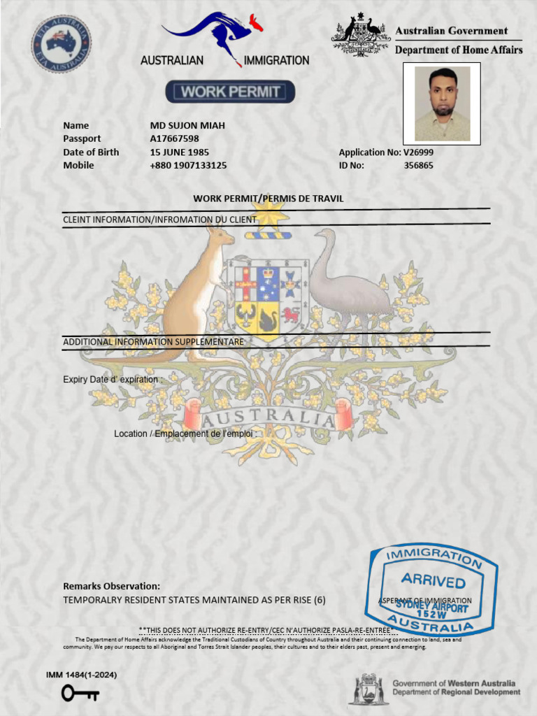 Australian Work Permit Letter MD Sujon Miah | PDF | Australia ...