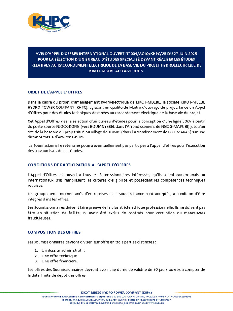 Appel d'Offres pour Études Électriques KHPC | PDF