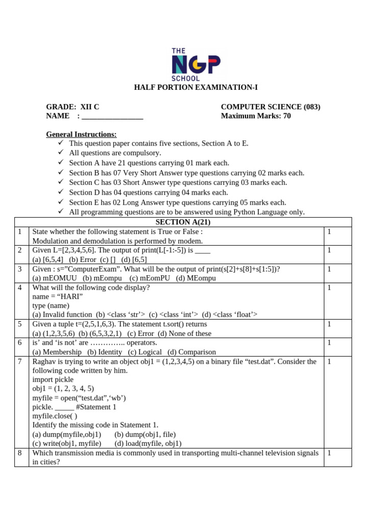 Computer Science XII C Half Exam Paper | PDF | Comma Separated Values ...