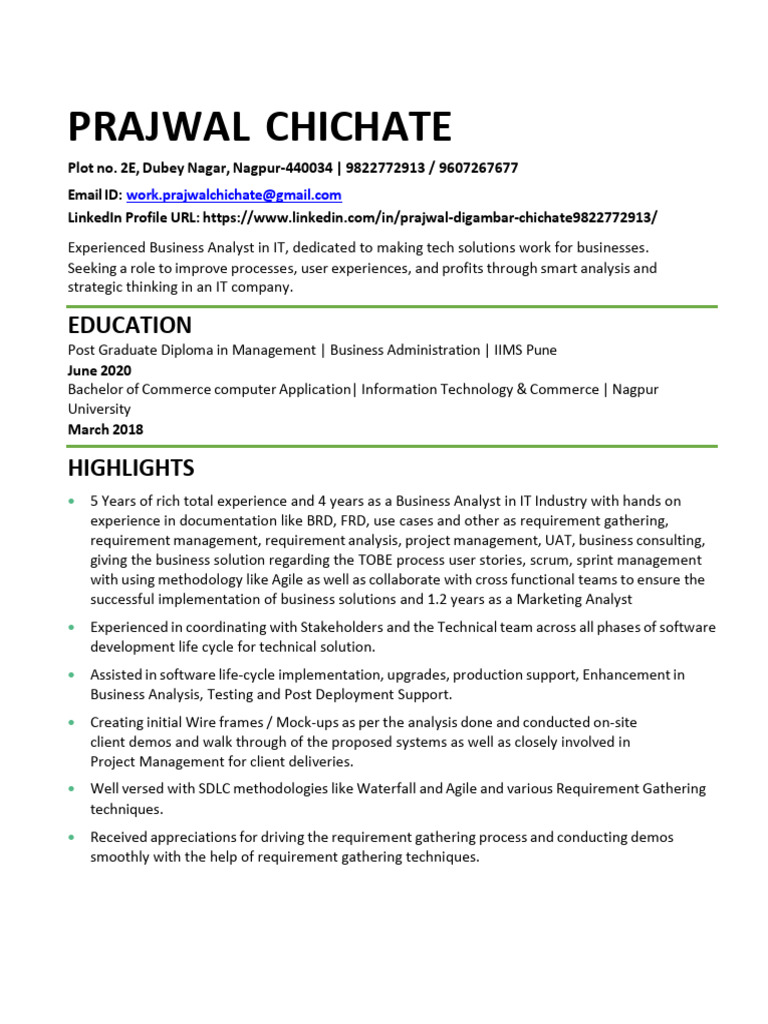 Business Analyst Profile: Prajwal Chichate | PDF | Software Development ...