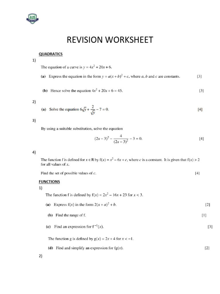 Quadratics and Functions Revision Worksheet | PDF