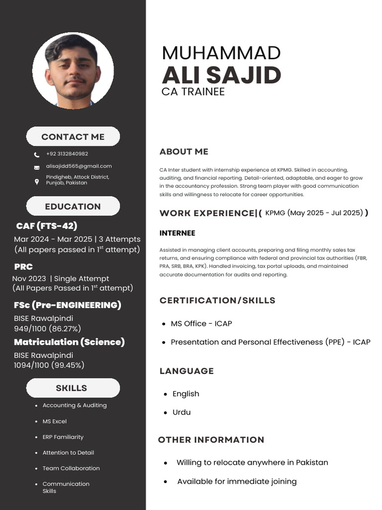Muhammad Ali Sajid - CA Trainee Profile | PDF