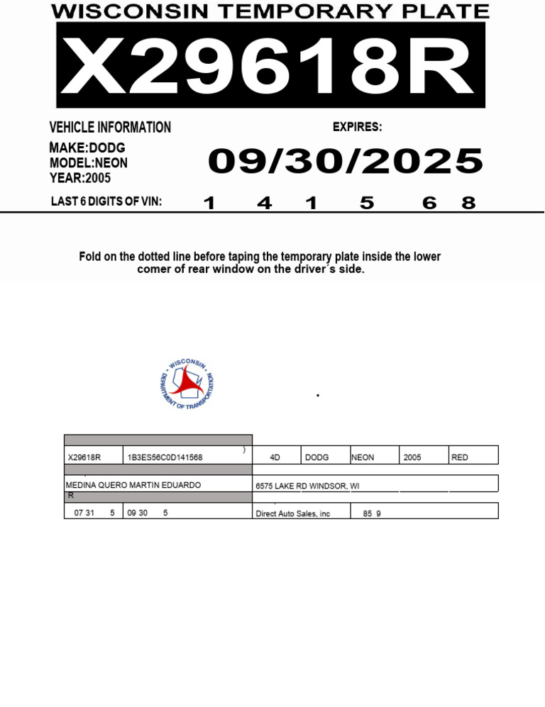 2005 Dodge Neon Temporary Plate Info | PDF