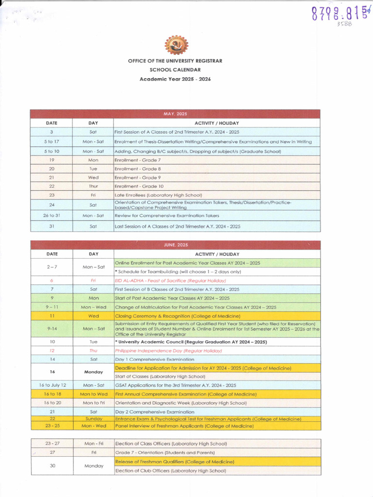 Approved Academic Calendar 2025 2026 | PDF