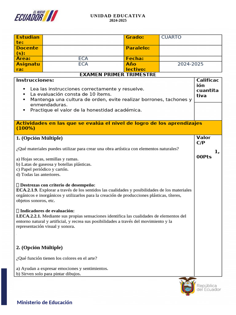 Examen de ECA Cuarto Grado 2024-2025 | PDF | Dibujo | Escultura