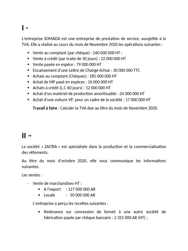 Calcul de la TVA pour SOMADA et ZAITRA | PDF