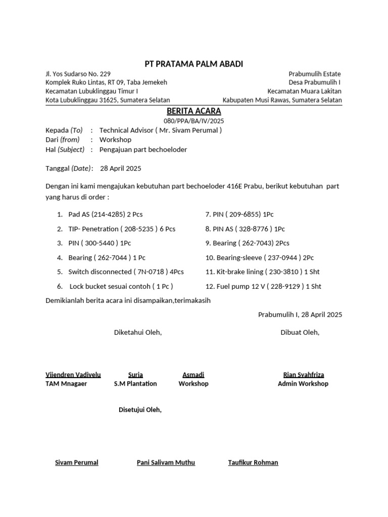Pengajuan Part Bechoe Loader 416E | PDF