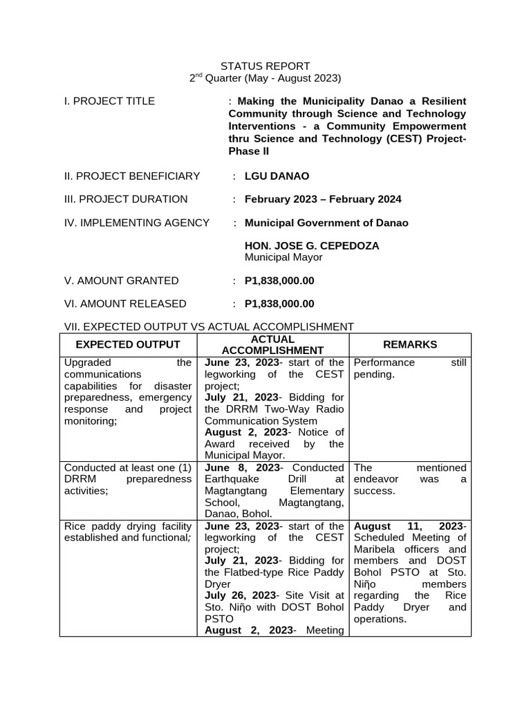 Danao CEST Project Q2 Status Report | PDF | Computing