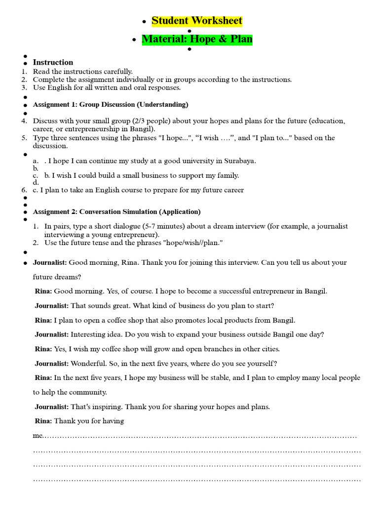 Future Hopes and Plans Worksheet | PDF | Learning