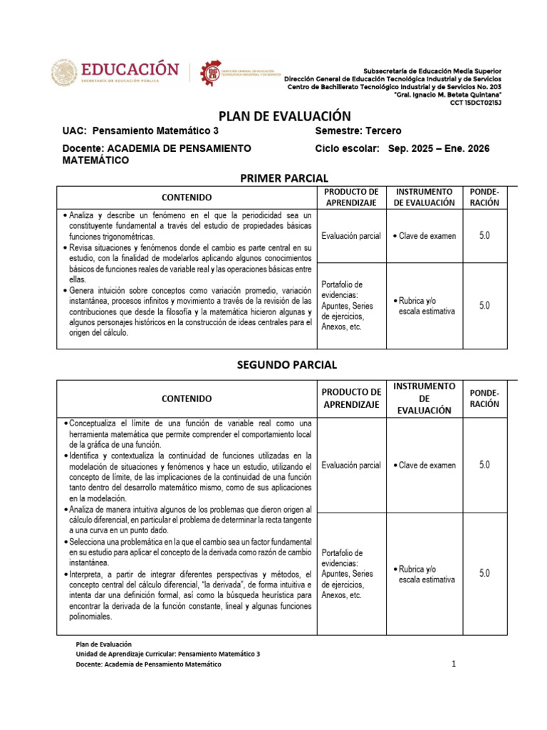 Plan de Evaluación: Pensamiento Matemático 3 | PDF | Derivado | Calculo ...