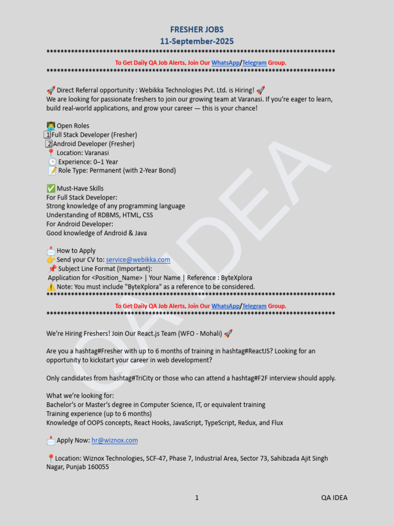 Freshers QA and Developer Job Openings | PDF | Computer Programming ...
