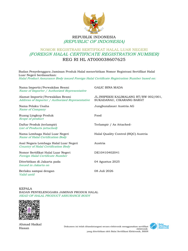 Sertifikat Halal Jungbunzlauer 2025 | PDF