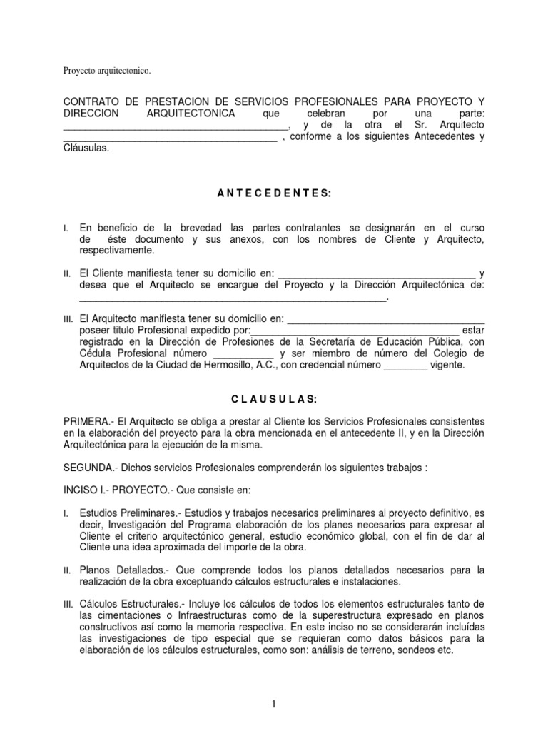 Contrato De Prestacion De Servicios Arq Arquitecto Presupuesto