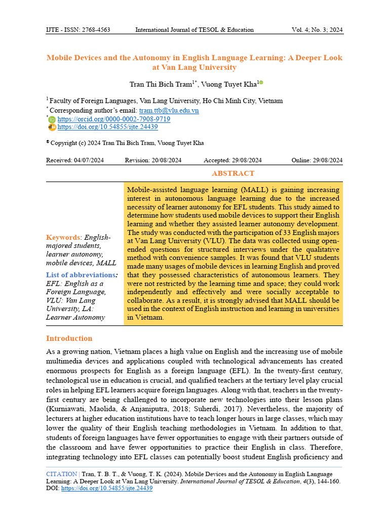 Mobile Devices in EFL Learner Autonomy | PDF | English As A Second Or ...