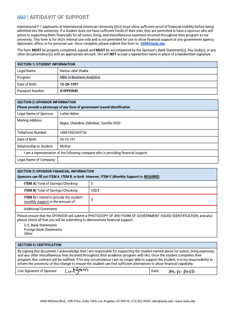 IAU Affidavit of Support Form | PDF