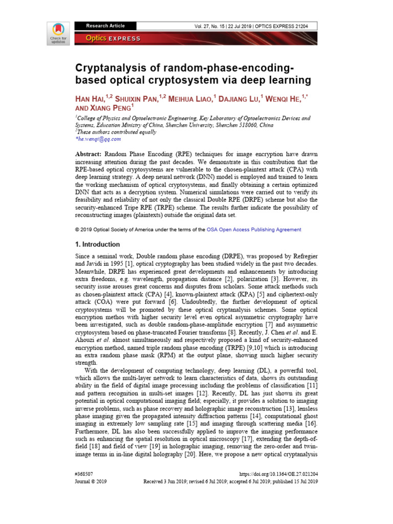 Deep Learning in DRPE Cryptanalysis | PDF | Cryptanalysis | Key ...