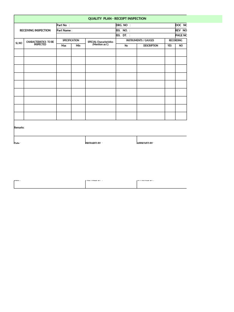 Quality Plan for Receipt Inspection | PDF