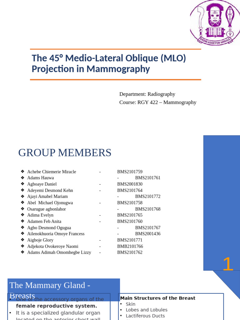 45° MLO Projection in Mammography Guide | PDF | Breast | Human Anatomy