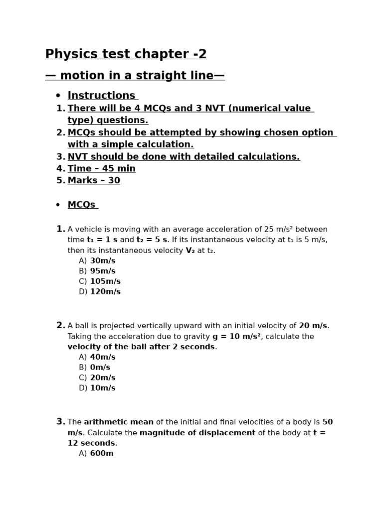Physics Chapter 2 Test. Level - Normal | PDF