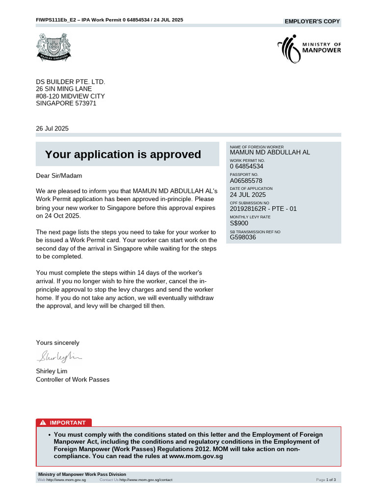 Approved Work Permit for MAMUN MD ABDULLAH AL | PDF | Employment | Salary