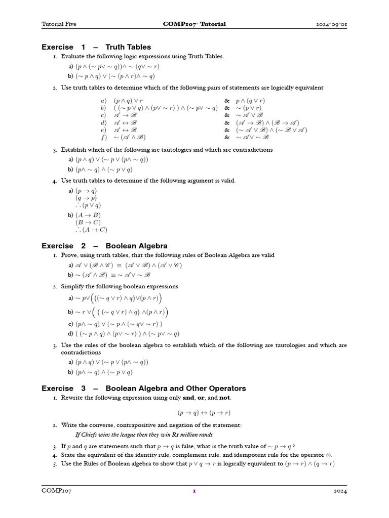 Truth Tables and Boolean Algebra Exercises | PDF | Boolean Algebra ...