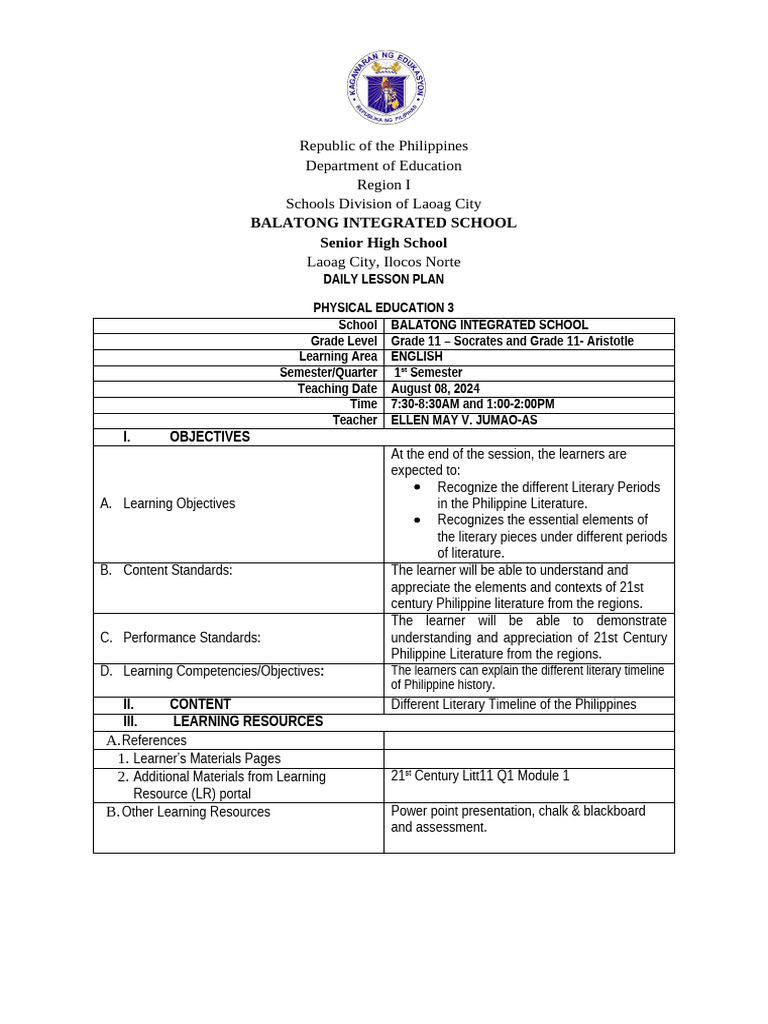 Daily Lesson Plan: Philippine Literature | PDF | Learning | Behavior ...