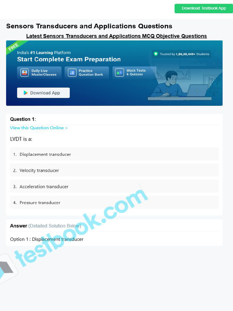 MCQ On Sensors Transducers and Applications 5eea6a1339140f30f369eeca | PDF