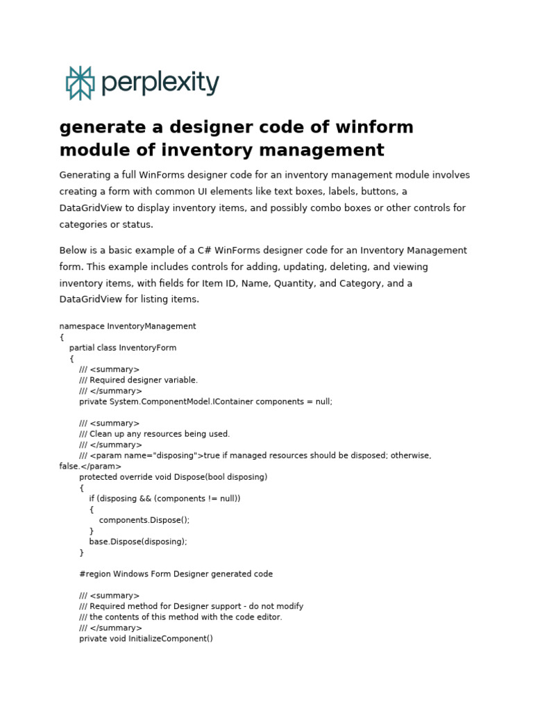Generate A Designer Code of Winform Module of Inve | PDF | Quantity ...