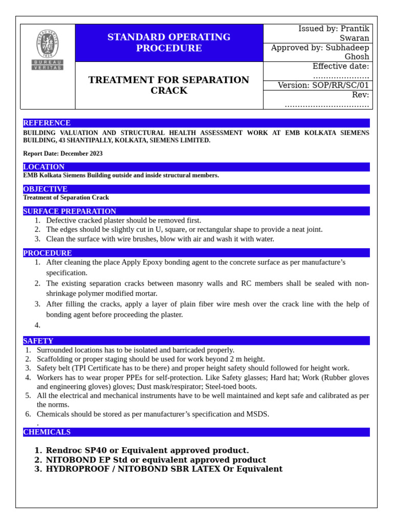 Separation Crack Treatment SOP | PDF | Building Materials | Secondary ...